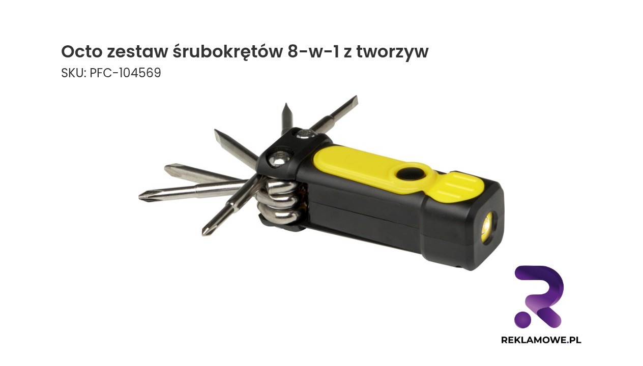 Octo zestaw śrubokrętów 8-w-1 z tworzyw sztucznych pochodzących z recyklingu z certyfikatem RCS z latarką Octo zestaw śrubokrętów 8-w-1 z tworzyw – praktyczny komplet narzędzi